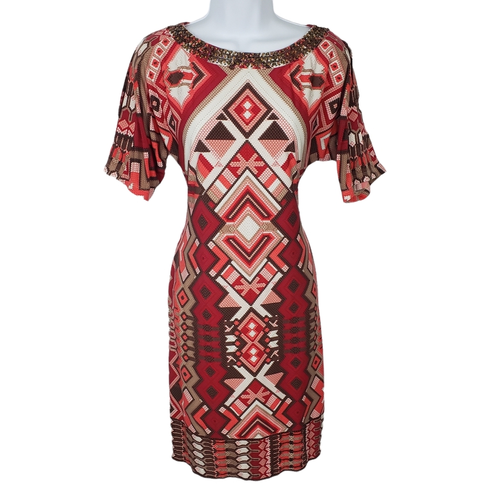 Chico's Size 0 Aztec Print Cold Shoulder Short Sleeved Beaded Midi Dress